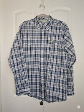 Cinch Long Sleeve Button Down Plaid Shirt Navy & White Lime Green  Plaid SZ M